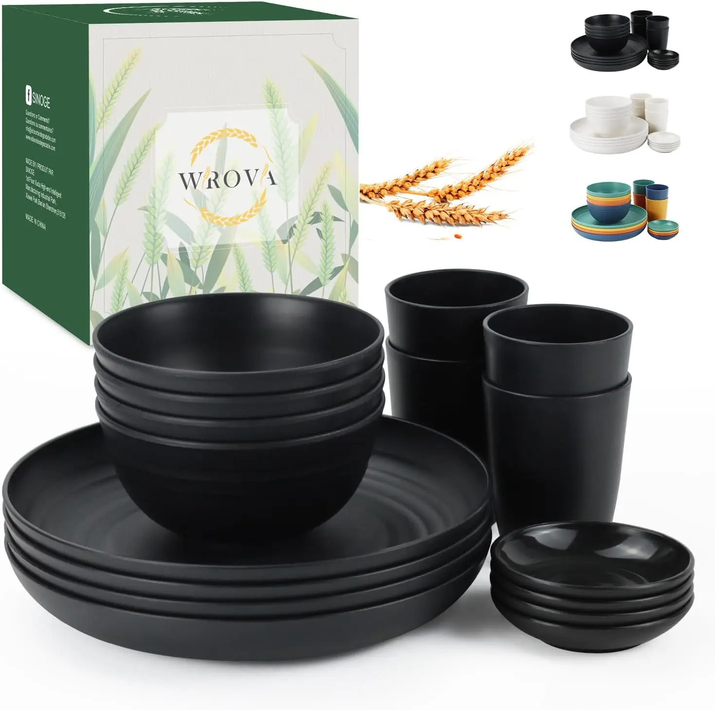 

Wheat straw dinnerware sets of 16-10 inches plates,26oz bowls,2oz dipping bowls,12oz cups