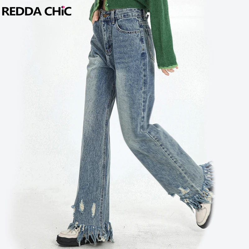 

REDDACHiC Tassels Baggy Jeans Women Ripped Bleached Korean Style Y2k Pants High Waist Loose Boyfriend Woman Trousers Streetwear