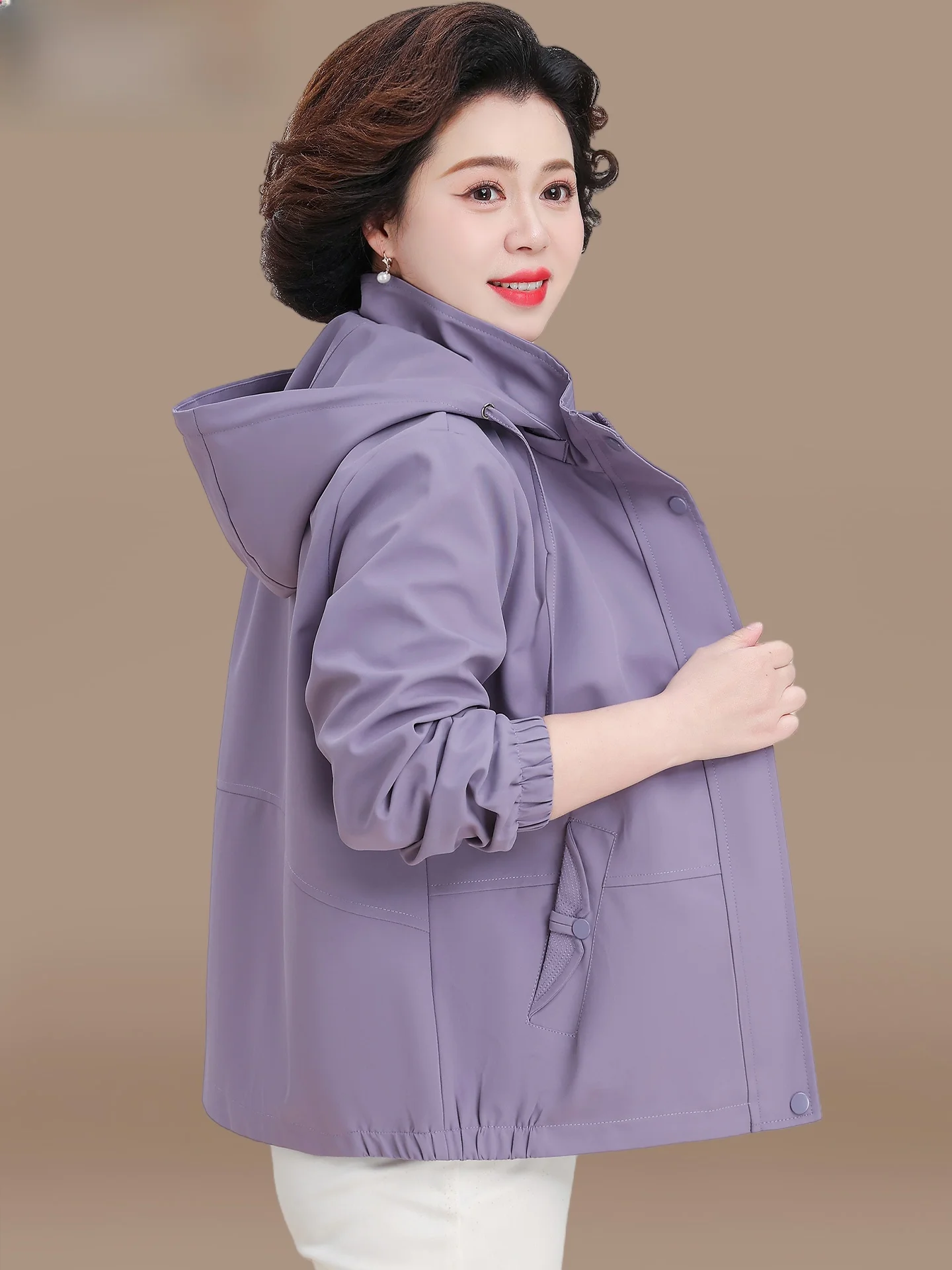 

Spring Faion Loose Women's Jaet ort Sle Coat for Middle-Aged And ly Mothers Polyester Fiber Zipper Closure Pure ...