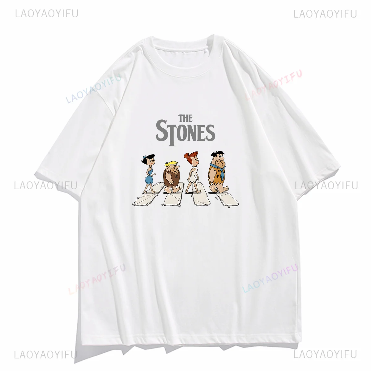 Nostalgia Cartoon T Shirt for Unisex The Stones Print Tops Humor Funny Primitive Man Graphic T Shirts Cotton Tee Women Clothes