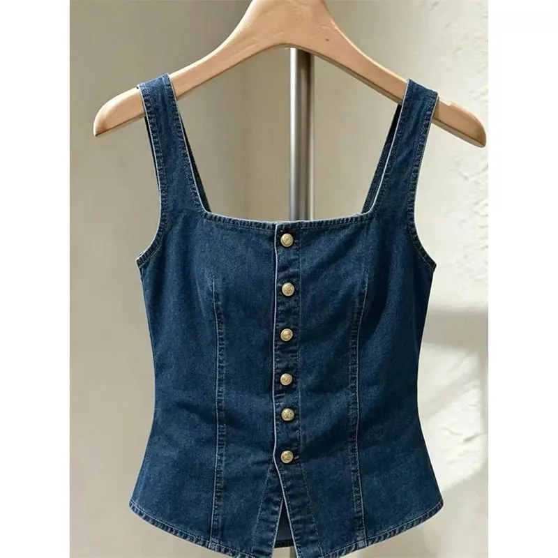 Retro Denim Square Neck Camisole Cowboy Vest Women's Vest 2026 Summer New Item Beautiful Slim Short Top for External Wear