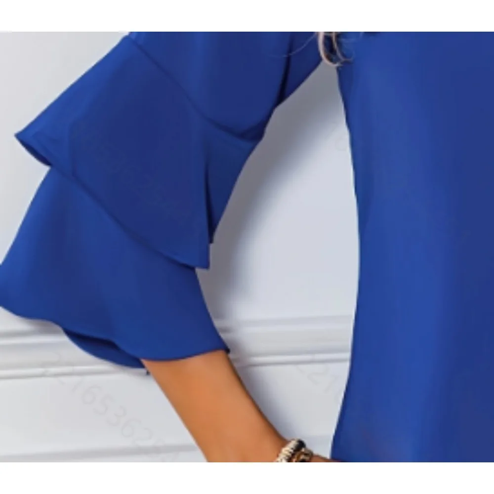 Camisa holgada informal de talla grande 1XL-5XL para mujer, camisa de manga acampanada en capas, Color sólido, blusa de manga larga a la moda para mujer