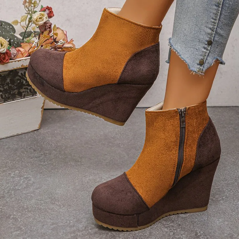 Women Autumn New Height Increase Color-Block Suede Short Boots Thick Bottom Side Zipper and Slope Heel Comfortable Wear Footwear