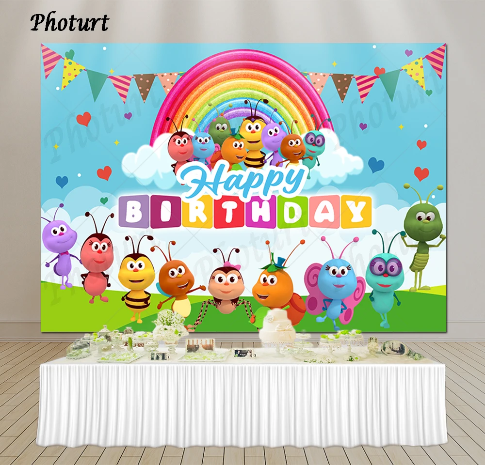 PHOTURT Bichi Kids Backdrop Birthday Party Baby Shower Background Rainbow Bee Doll Friends Photography Decoration Props