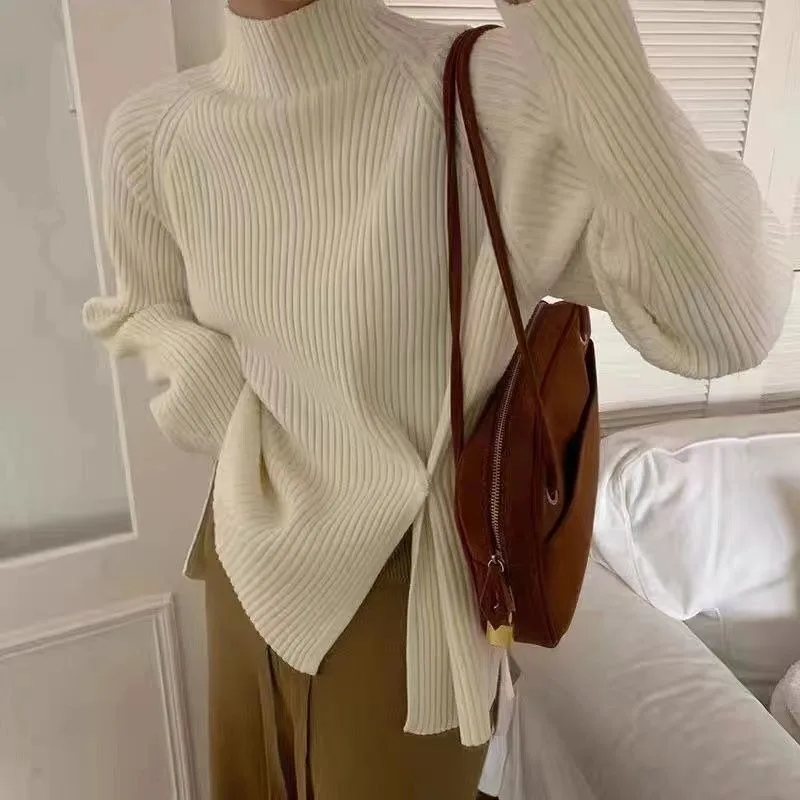 터틀넥 스웨터 겨울 니트 시크 탑 여성 의류 여성용 리브드 점퍼 긴팔 티셔츠