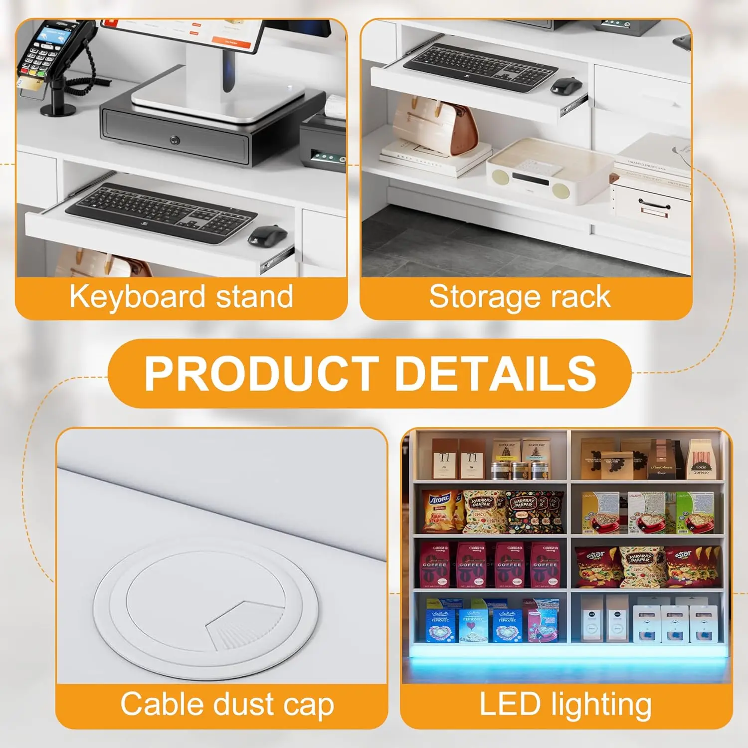 مكتب استقبال مع عداد للبيع بالتجزئة والخروج، وعداد استقبال أمامي حديث مع أضواء LED وأدراج وأرفف مفتوحة