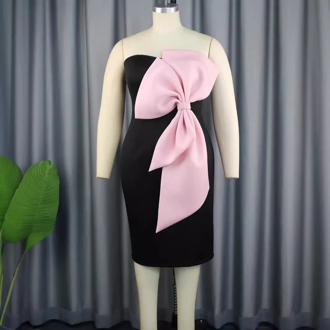 Prowow-Vestido ajustado y Sexy para mujer, ropa elegante con lazo grande, color rosa, sin hombros, color negro, para fiesta de cumpleaños, Verano