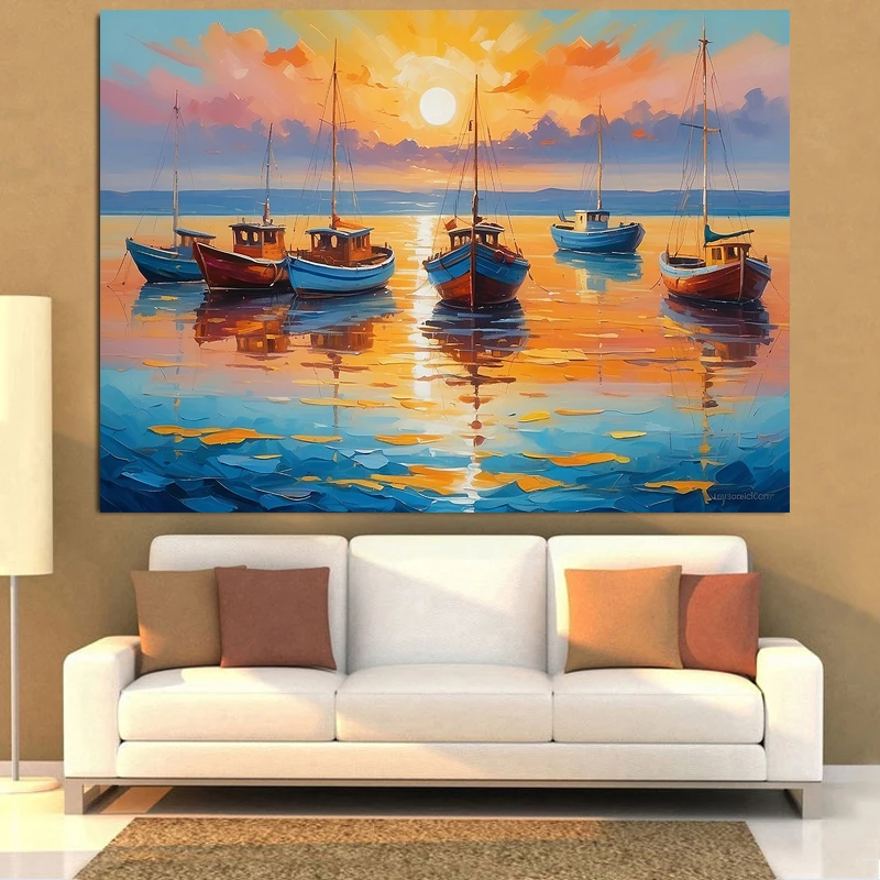 Oil Painting Of boats And Sea On Canvas Sunset Over Ocean Modern Impressionism,Print Poster Wall Art Picture Room Decor Unframed