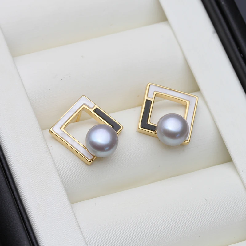 الاتجاه الطبيعي المياه العذبة 925 أقراط فضية مع اللؤلؤ امرأة ، الزفاف أقراط اللؤلؤ الأبيض الأم زوجة هدية عيد ميلاد أسود #4