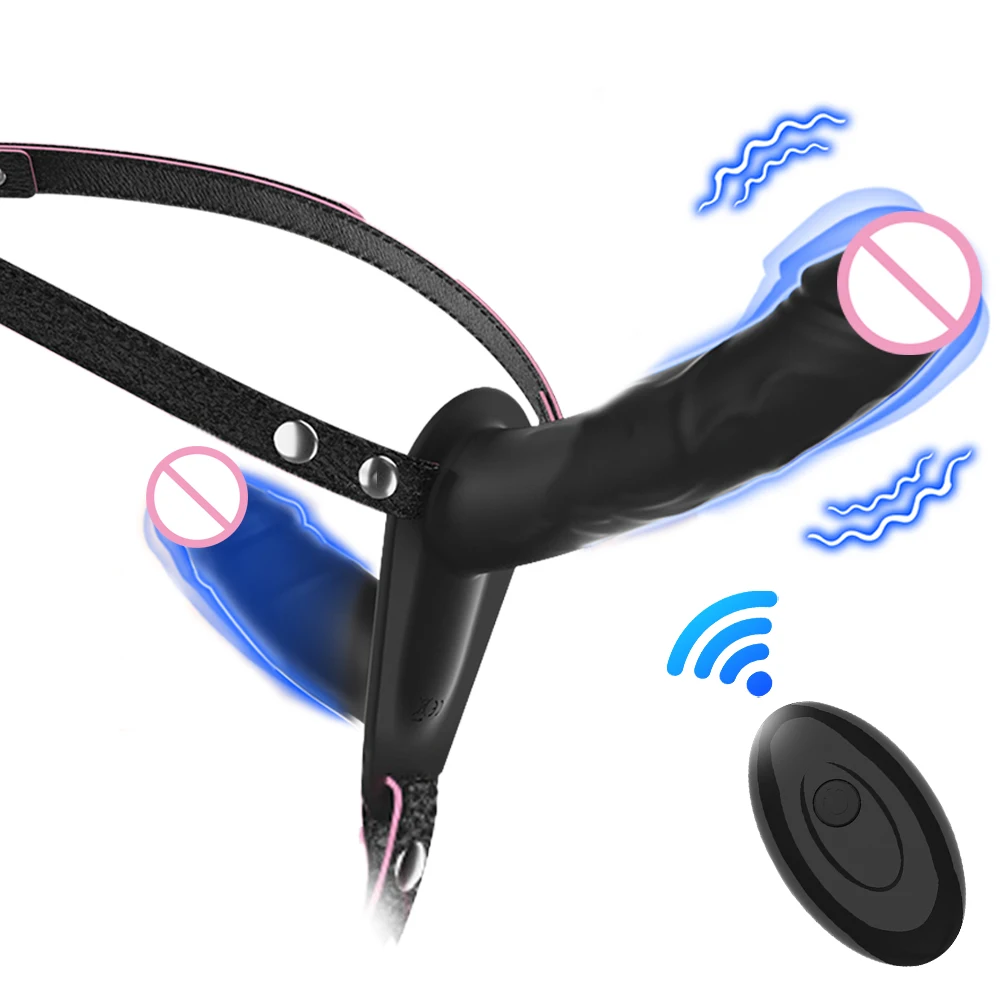 Strap on Harness Dildo Wearable G Spot Vibrator Adult Toy with Remote Control 10 Modes Double Ended Dildo Lesbian Womens Sex Toy