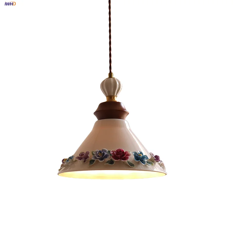 

IWHD Rose Flower LED Pendant Lights Fixture wOOD Home Lighting For Living Room Bedroom Hallway White Ceramic Hang Lamp Luminaire