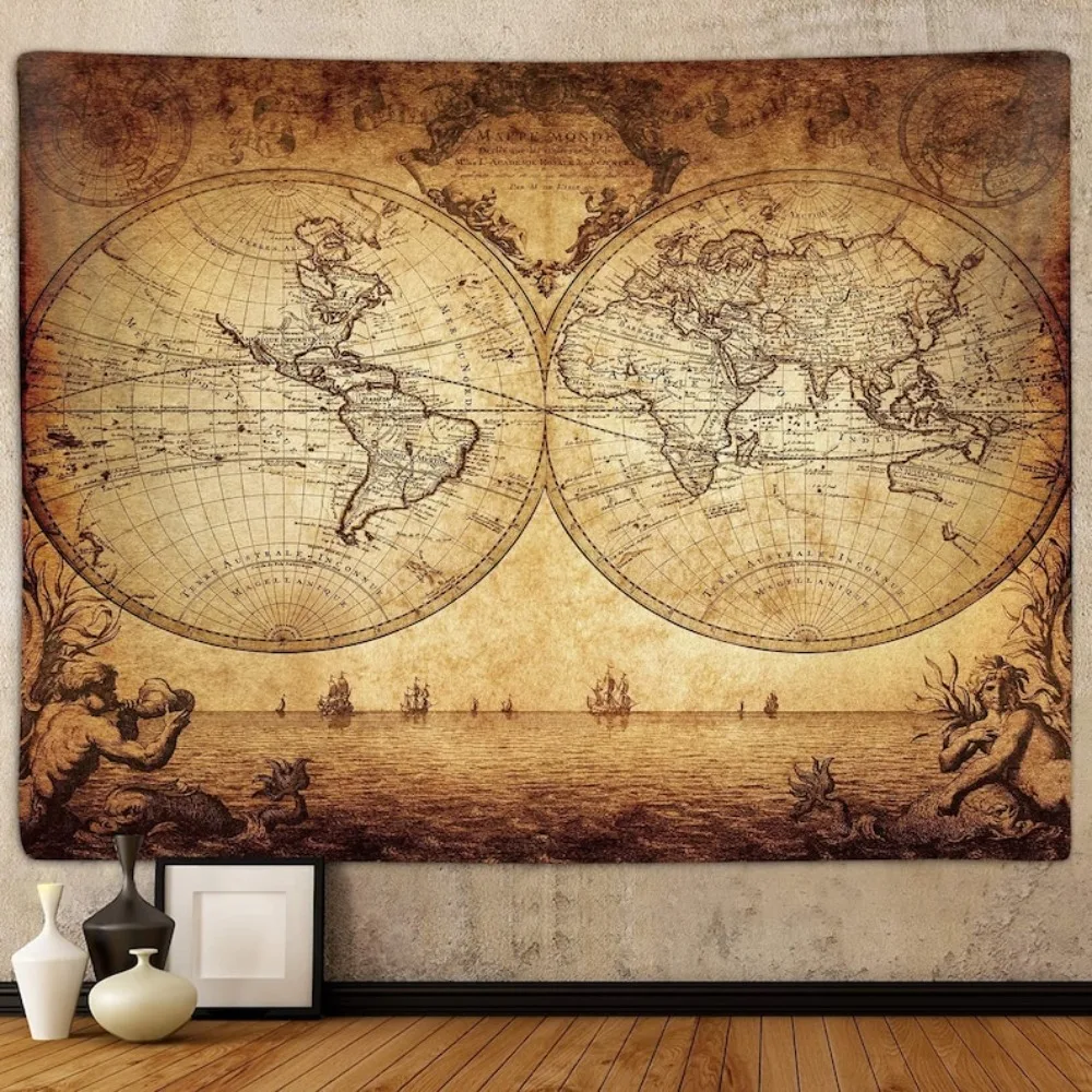 Tapiz de mapa del mundo Vintage, cartografía antigua, decoración del hogar de estilo Retro para sala de estar, estudio, decoración de abanico de viaje, diseño clásico