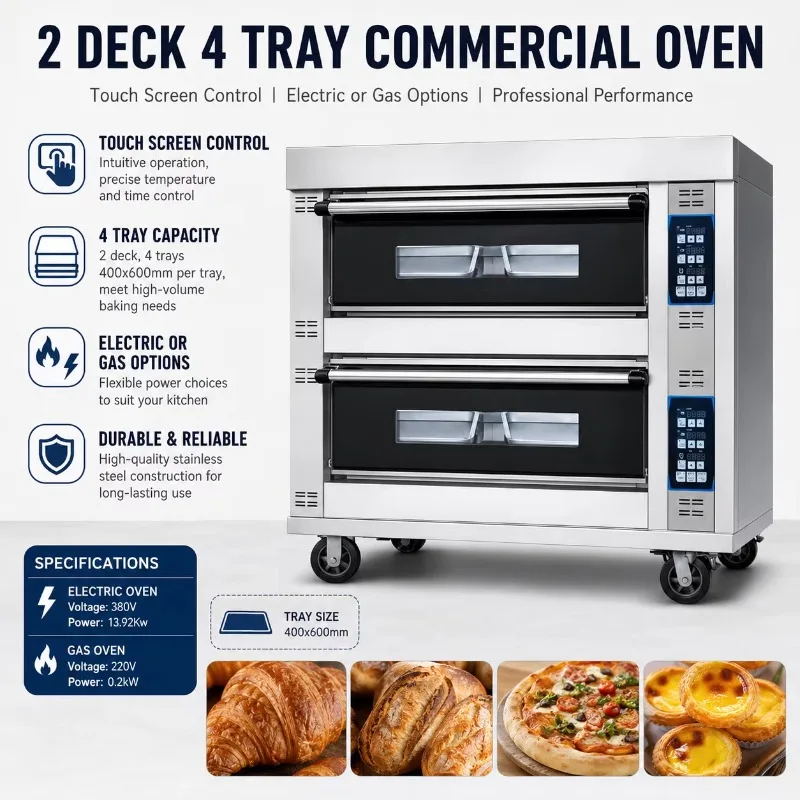 Industrial 2 Decks 4 Trays Touch Screen Gas Oven Automatic Professional Bakery Cake Bread Baking Machine 220V
