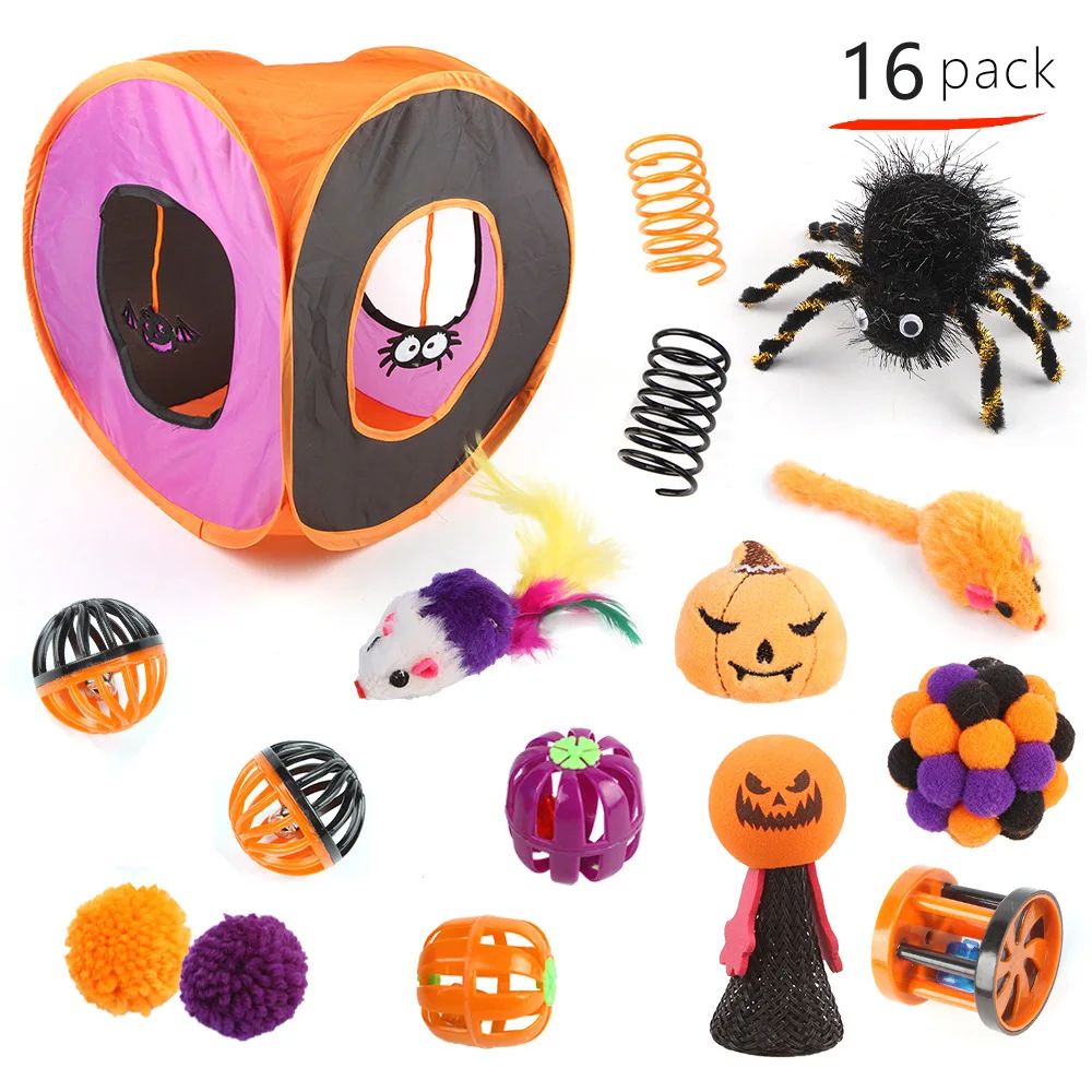 New Halloween Cat Aisle Toy Set Interactive Dog Toy Spring Ball Christmas Gift Photo Prop Cat Tunnel Tower Cat Teaser