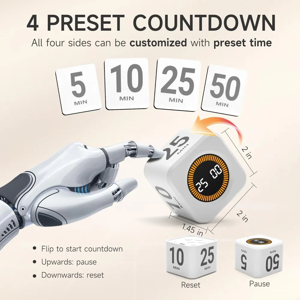 Productivity Timer Productivity Cube Timer Gravity Sensor LED Display 4 Preset Time Kids Time Management Kitchen Countdown Timer