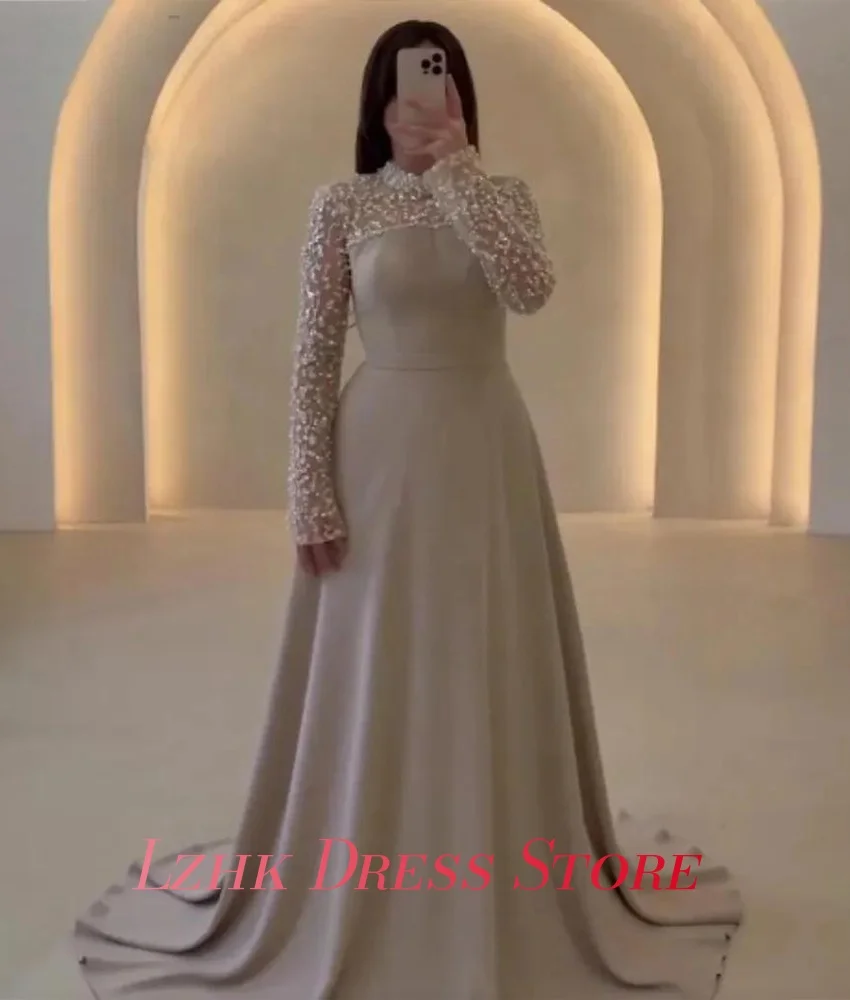 Op maat gemaakte prachtige jersey a-lijn avondjurk met lovertjes en kralen Hoge kwaliteit lange mouwen Hoge kraag فسات Mohamed 2017- 2017-