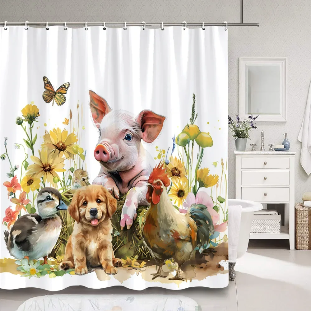 Farm Animal Shower Curtain Rustic Rustic Floral Plank Cow Pig Cute Dog Polyester Fabric Shower Curtain Bathroom Decor with Hooks