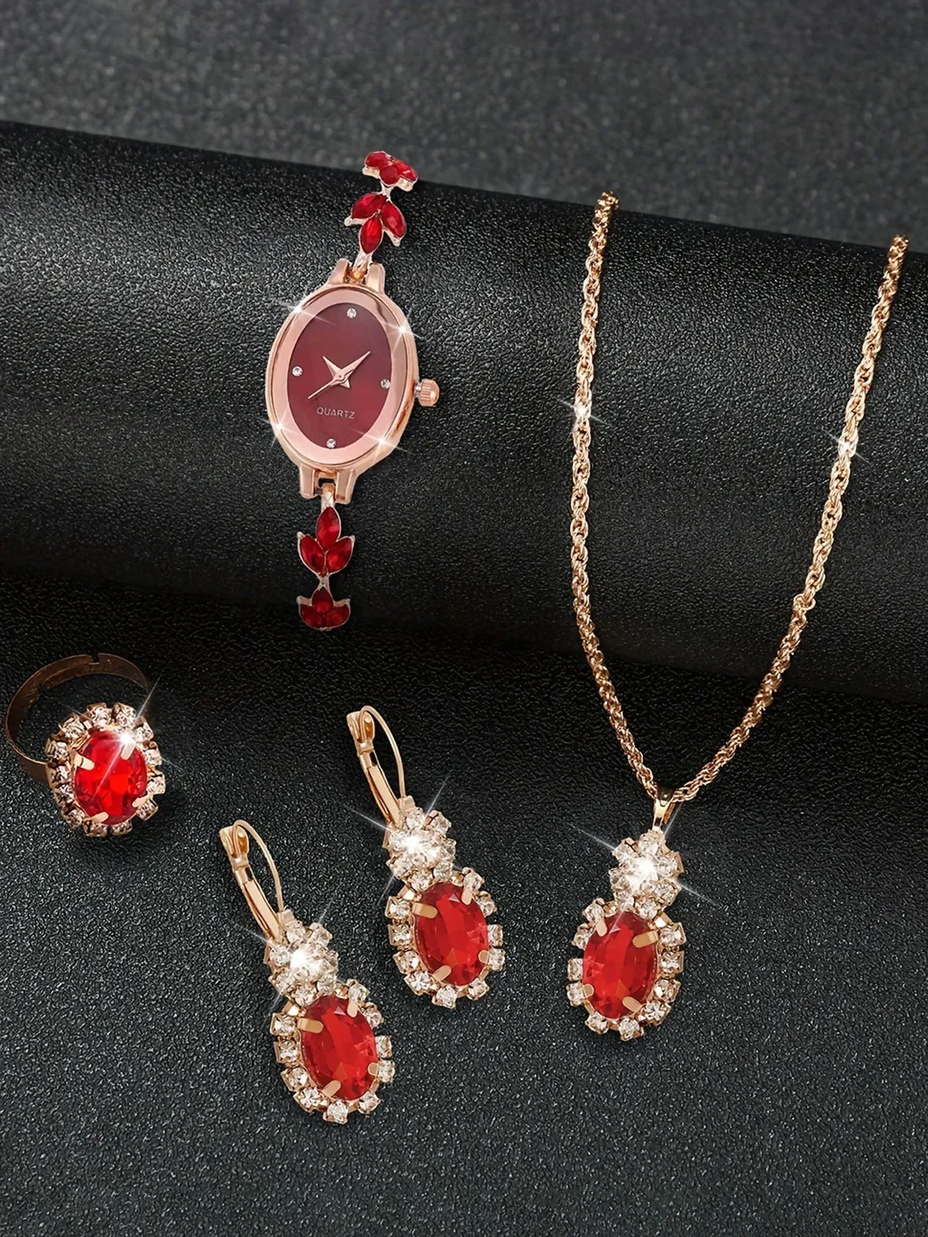 5pcsWomen Watch Hand Jewelry Set Diamond Bracelet Watch + Water Drop Jewelry Set