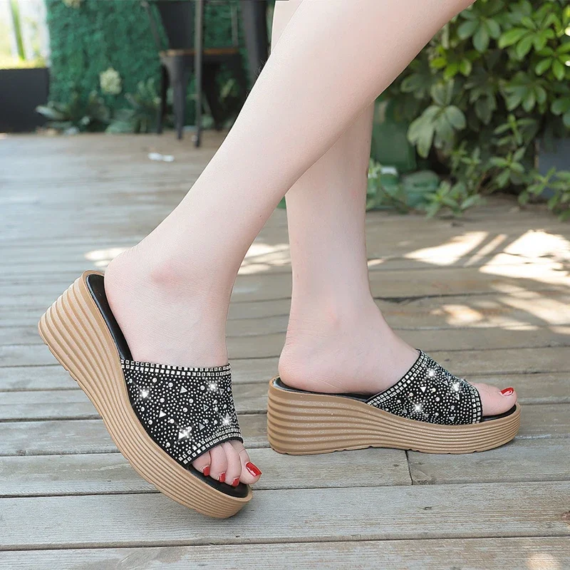 Summer Wedge Slippers Platform High Heels Women Slipper Ladies Outside Shoes Basic Clog Wedge Slides Flip Flop Sandals