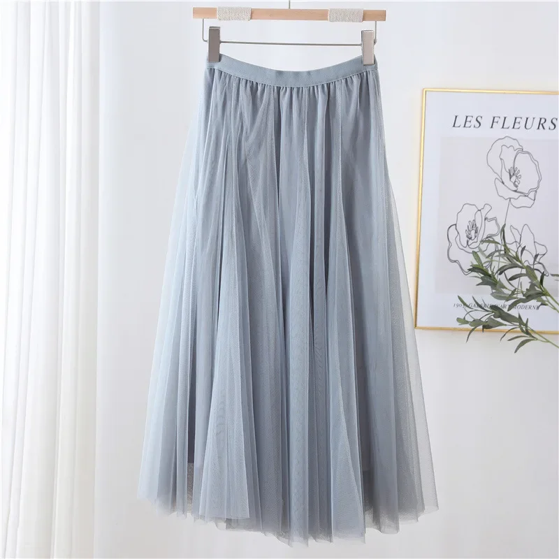 Hot Women Mesh Elastic Tutu Skirt Beach Spring Summer Korean High Waist Fashion Pleated Long Skirt Black White Tulle Skirts