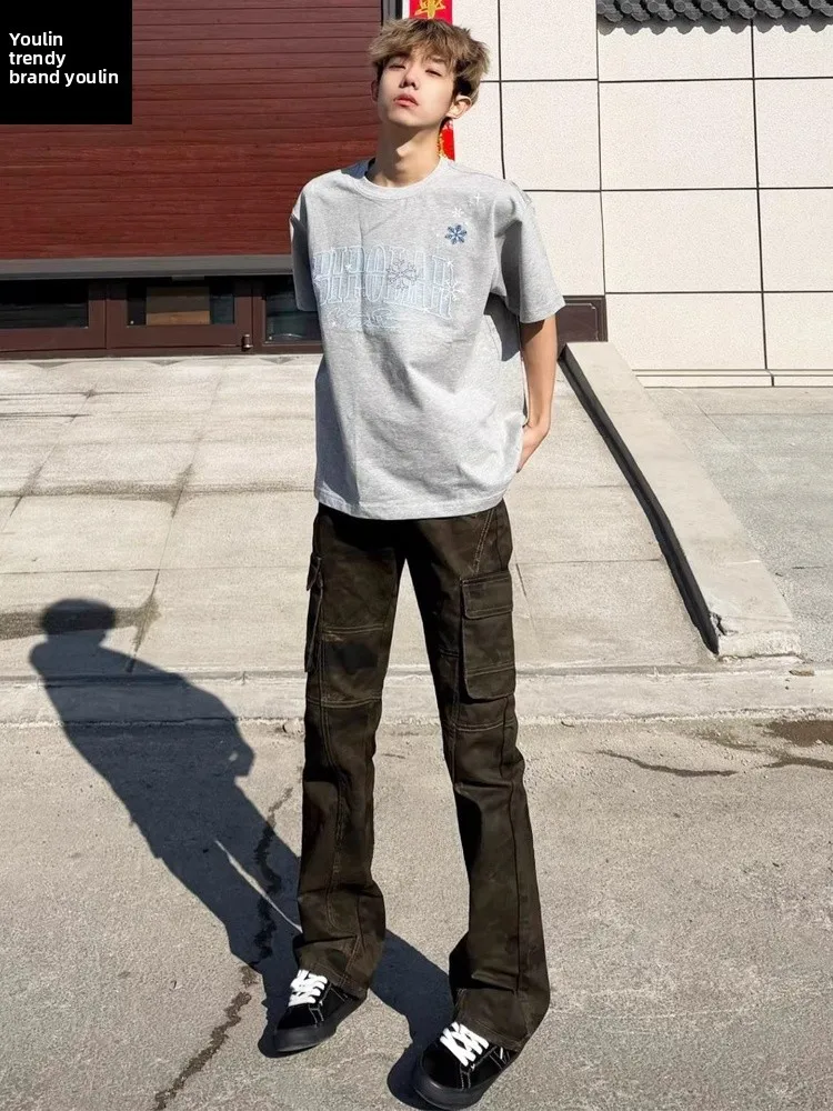 

Cleanfit Camouflage Bell Bot Jeans Men's Slim Fit Straight Leg American High Street Vibe Casual Wear Spring Season