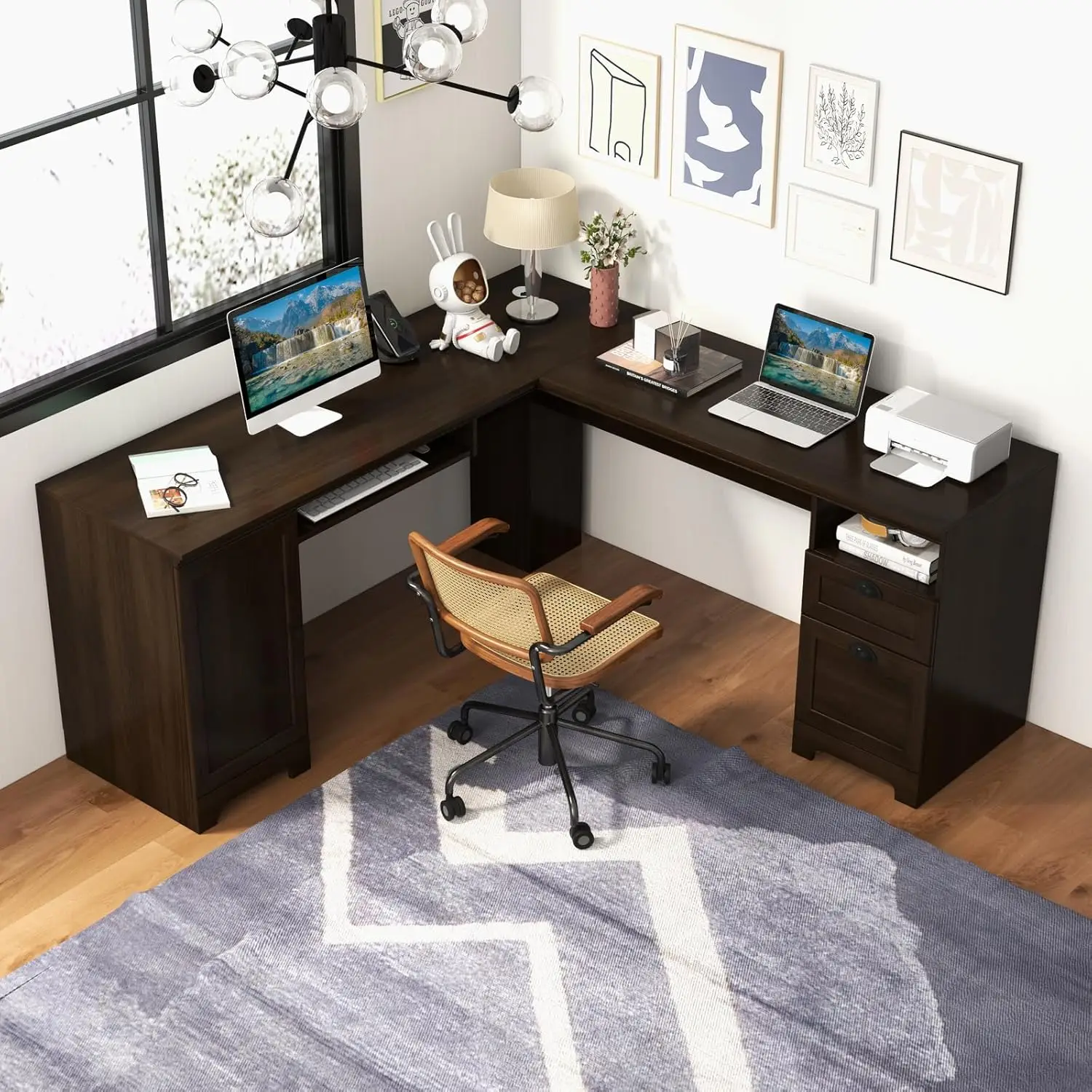 

66" x 66" L Shaped Office Desk with Keyboard Tray Spacious Corner Computer Desk with Storage Drawers & Cabinet