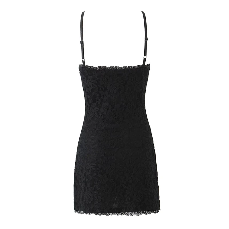 Sexy Women Black White Lace Jacquard Dress Thin Straps V Neck Bodycon Mini Sling Dress Party Robe