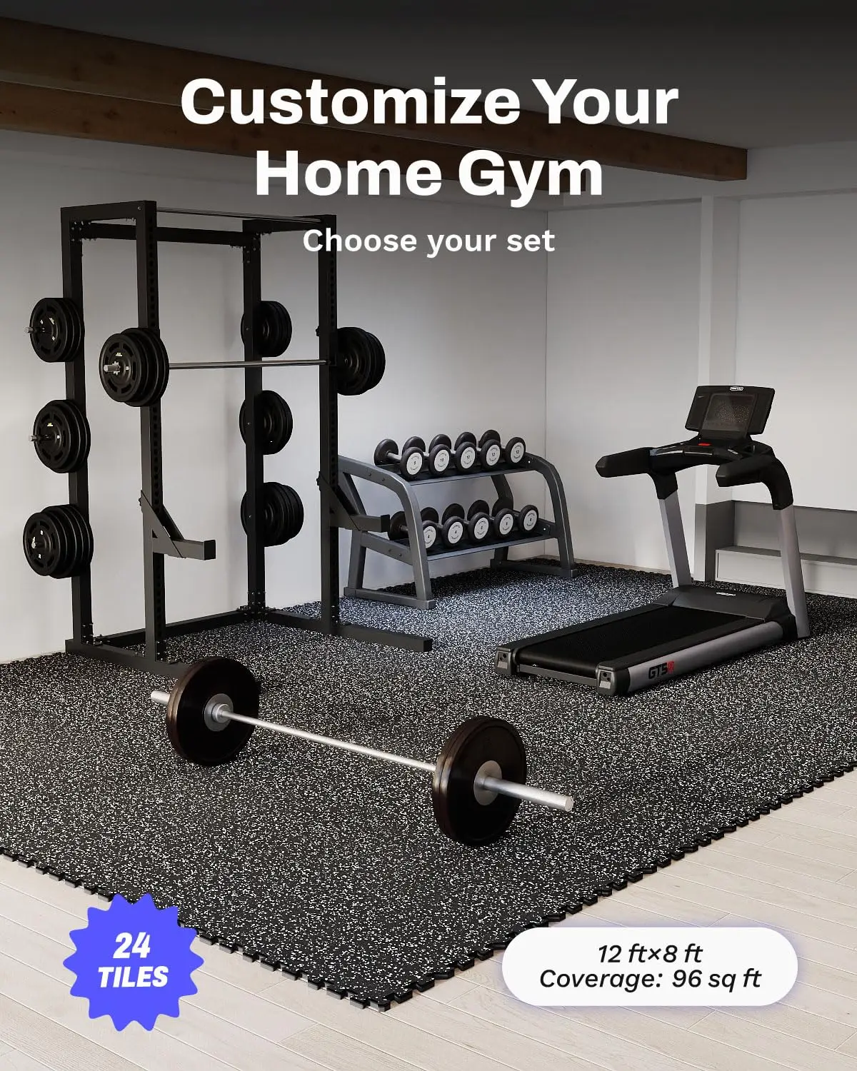 0.79in Thick 96 Sq.Ft Exercise Mat Set, 24 Tiles Rubber Top & EVA Foam, Custom