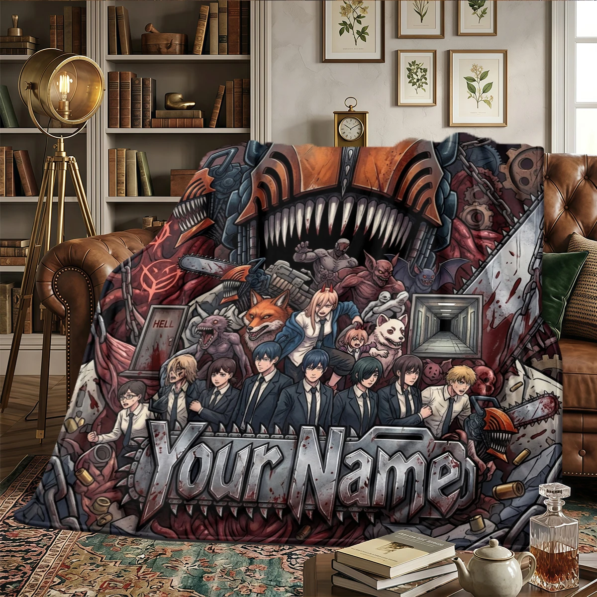 Name Custom Chainsaw Man Flanelldecke mit Aufdruck – warm, geeignet für Schlafzimmer, Sofa, Bett, Stuhl, Picknick, Reisen – HE12
