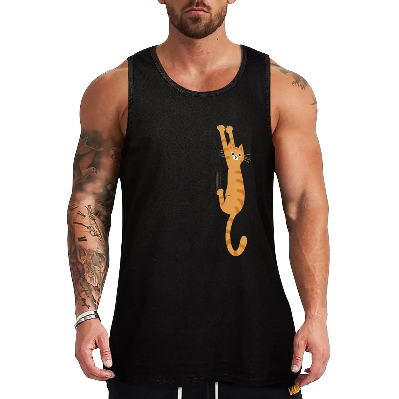 

New Orange Tabby Cat Hanging On | Funny Striped Cat Tank Top t shirt gym sleeveless shirt man gym clothing men