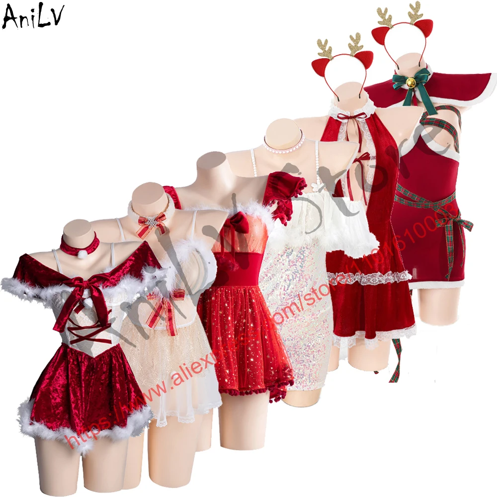 AniLV Christmas Outfits New Series Santa Claus Clothes Women Sexy Red Velvet Dress Cosplay Costume Merry Xmas