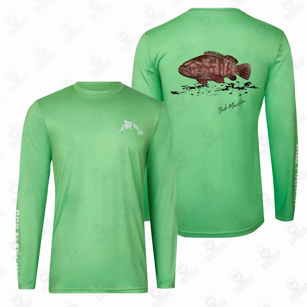 

Bobmarlin Performance Shirt Grouper Green Fishing Shirt Men Summer Outdoor Sunscreen Long Sleeve Casual Shirts Anti-UV Shirts