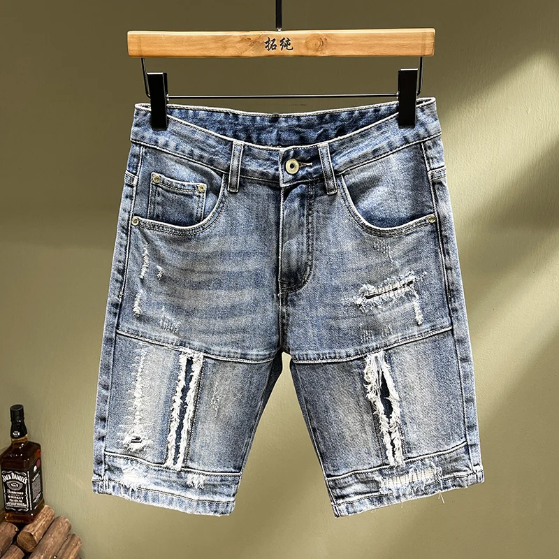 Personalized splicing jeans ripped jeans shorts stretch Slim embroidery patches in pants fashion casual men's pants