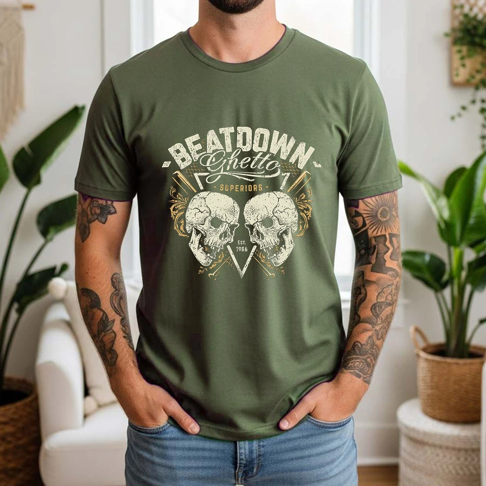 New Summer Men's 100% Cotton T-Shirt Beatdown Ghetto Superiors Skull Casual Breathable Short Sleeve