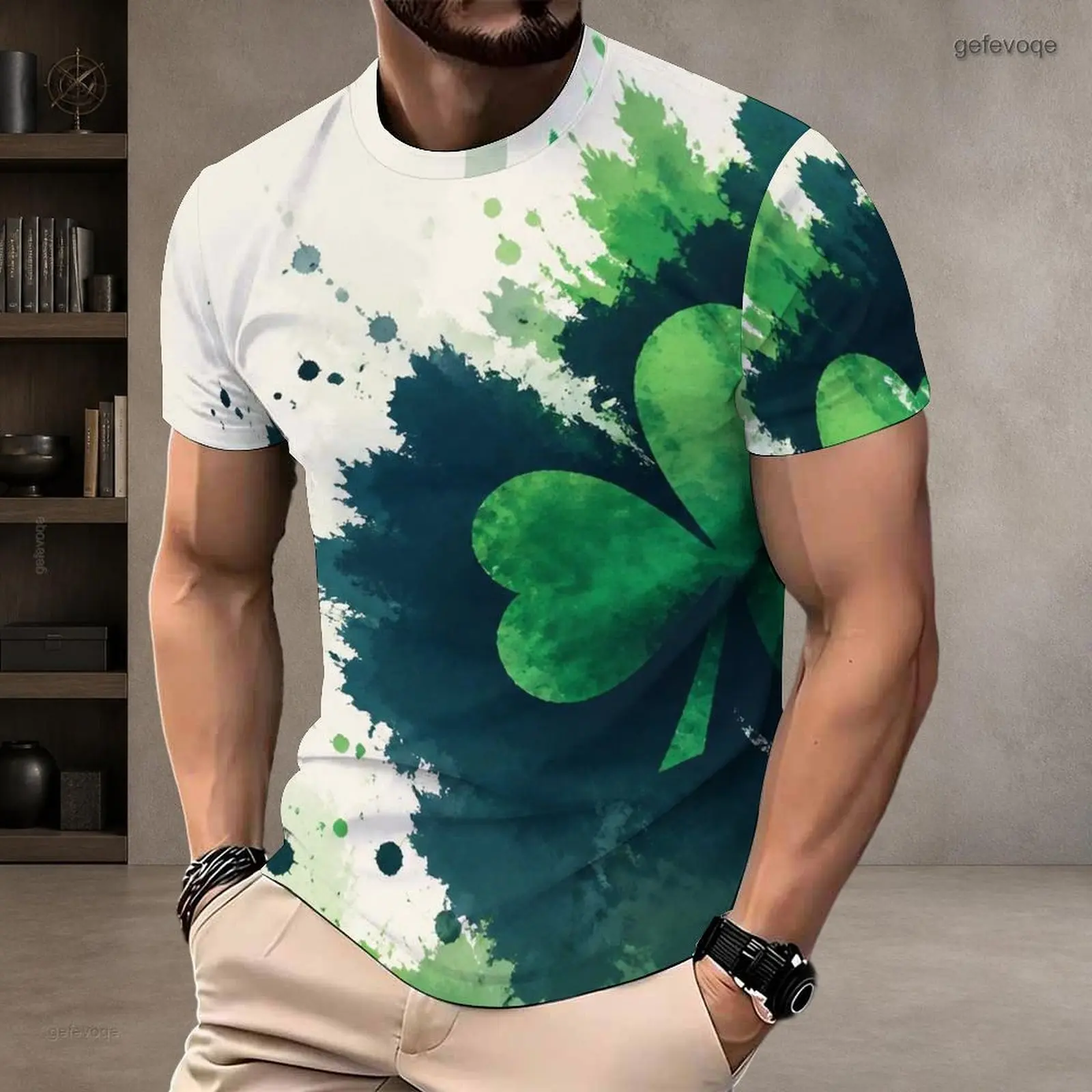 Men Round Neck Short Sleeve T-Shirt, White Base Green Teal Watercolor Splatter Shamrock Printed Tee