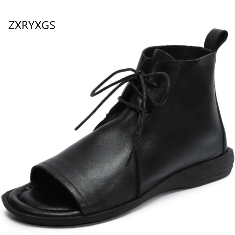 

Женские сандалии ZXRYXGS из мягкой воловьей кожи с открытым носком, ботинки-«рыбьи роты», новинка 2026 года, модные весенне-летние ботинки из натуральной кожи на плоской подошве