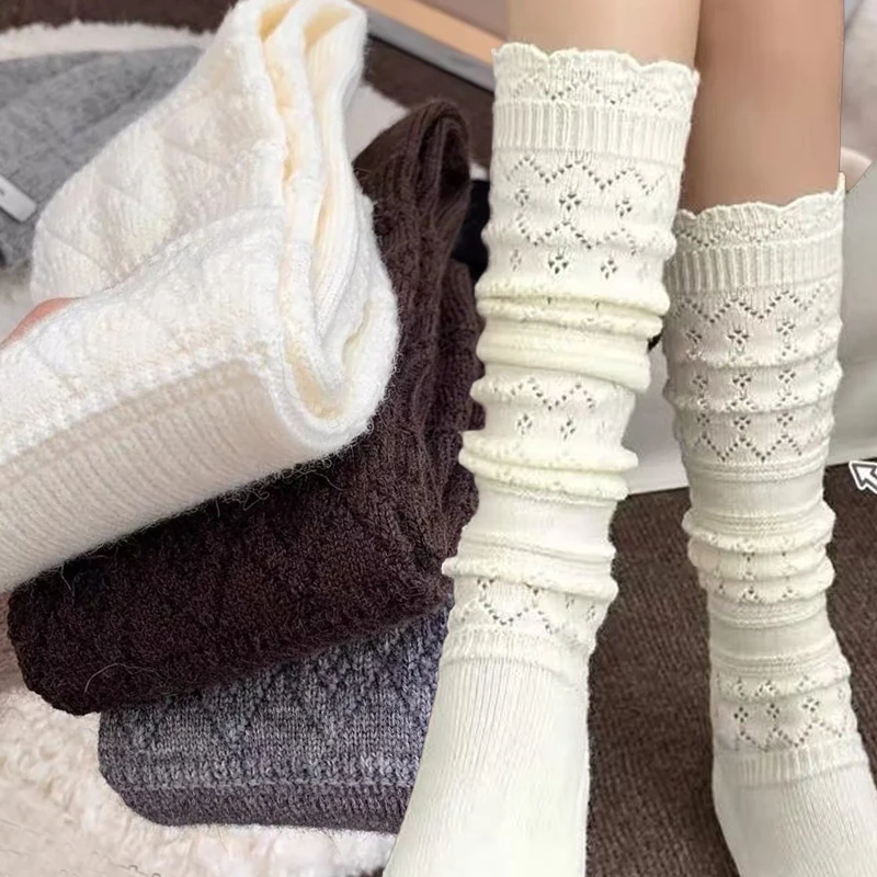 

Knitted Hollow Boot Socks Harajuku Long Cotton Pile Stockings Solid Color Boot Socks Winter Warm Long Tube Crochet Hook Socks