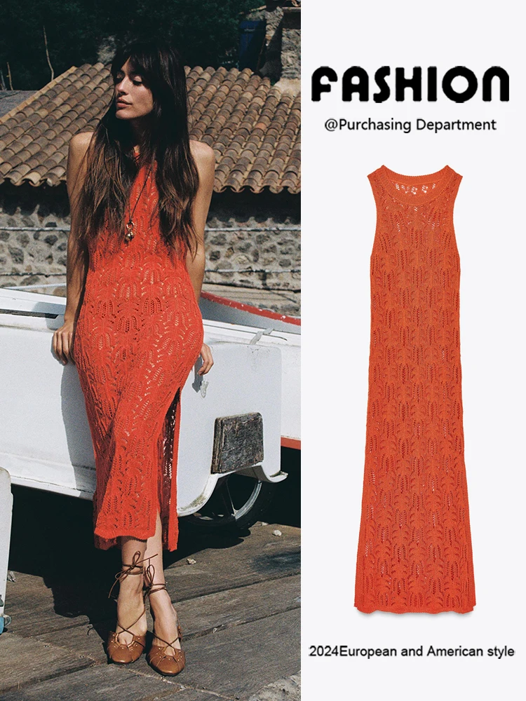 

New Summer ZA2025 Women's Knitted round Ne Midi Dr Embroidered Eyelet Lace High Quali Faionable Ethnic Sle Gown