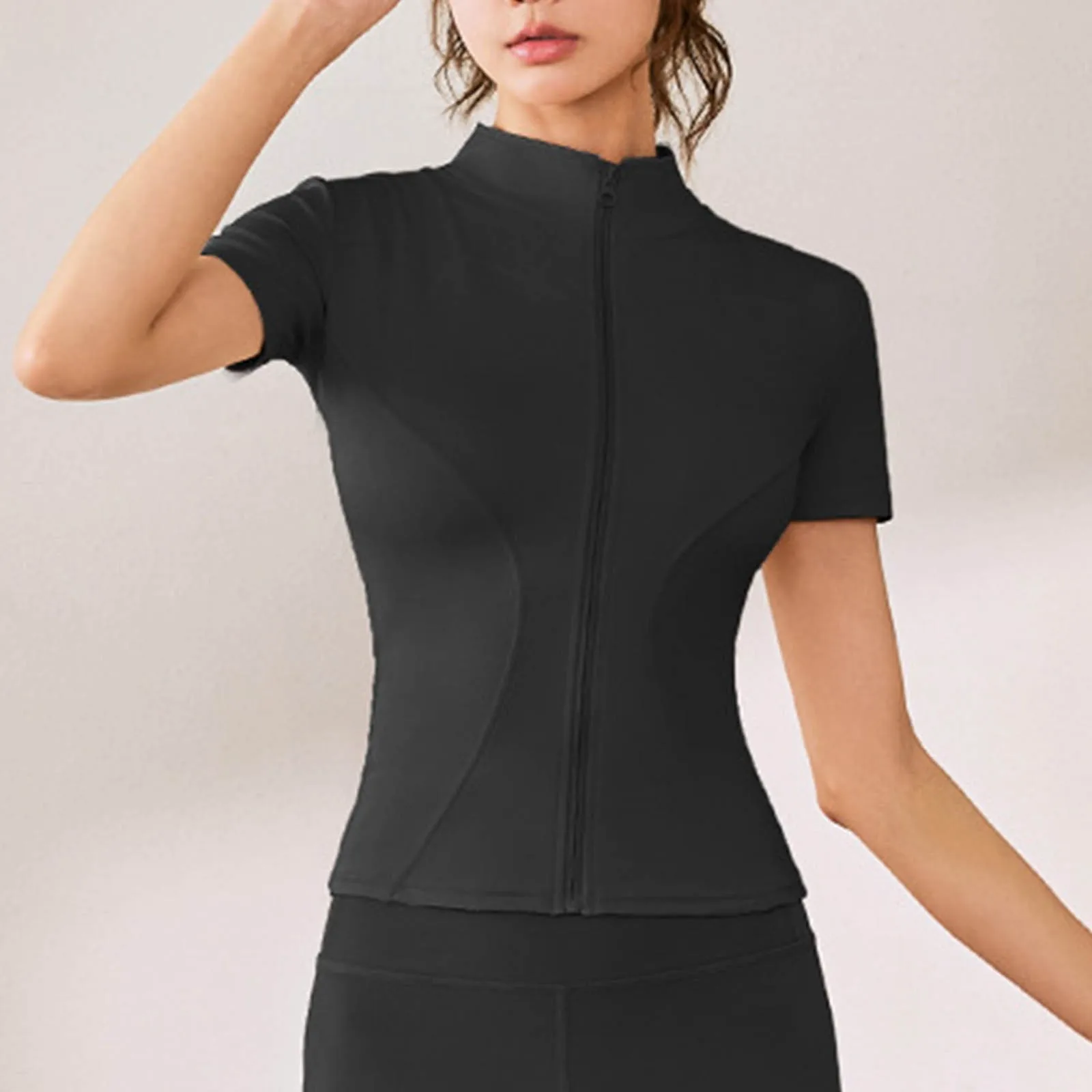 

High Elastic Women T Shirt For Yoga Sports Short Sleeved Zipper Top Stand Collar Tight Cardigan Workout Women Fitness T Shirt