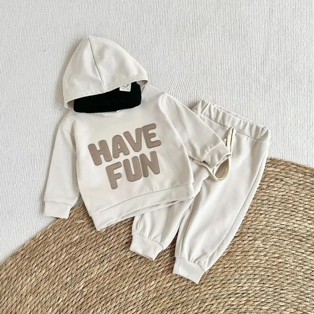 2PCS Ins Style Spring Autumn New Boys Girls Baby Sports Suit Handmade Letter Patch Baby Clothing Sets Cotton Hooded Sweat Pants