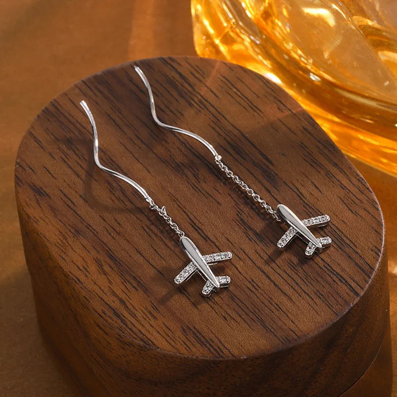Fashiona And Personality Long Diamond Studded Airplane Ear Line 925 Sterling Silver Creative Earrings E245