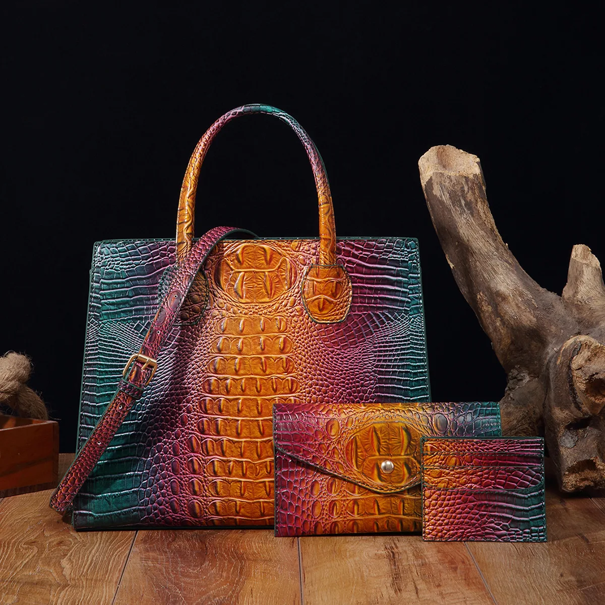 Fashion designer luxury bag Crocodile Pattern Embossed Leather 3pcs/Set High-End Luxury Handbag coin purse Card bag bolsos vip
