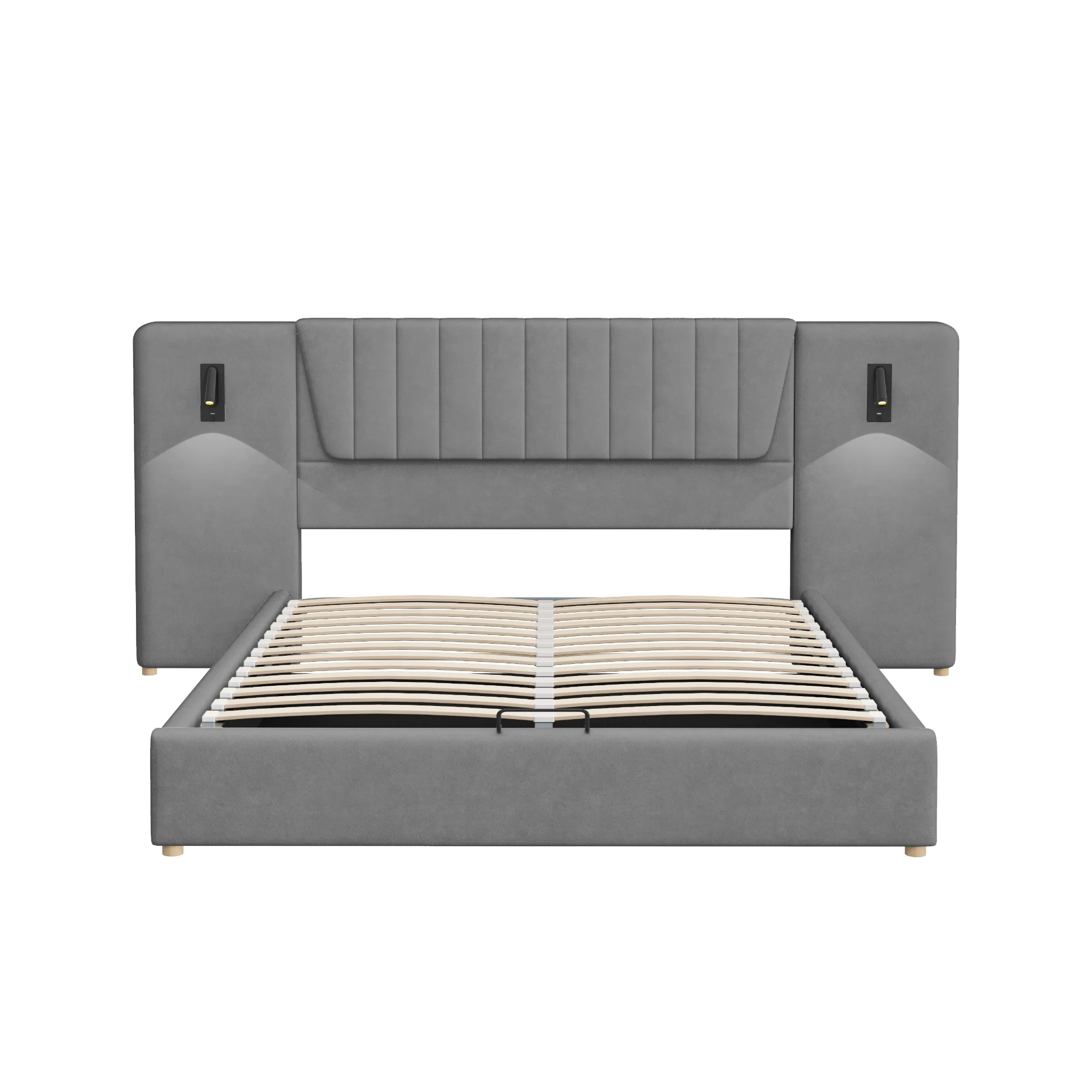 KOMHTOM Tweepersoonsbed 180x200 cm fluwelen stof met verstelbare leeslamp, USB-oplaadpoort en hydraulisch opbergbed