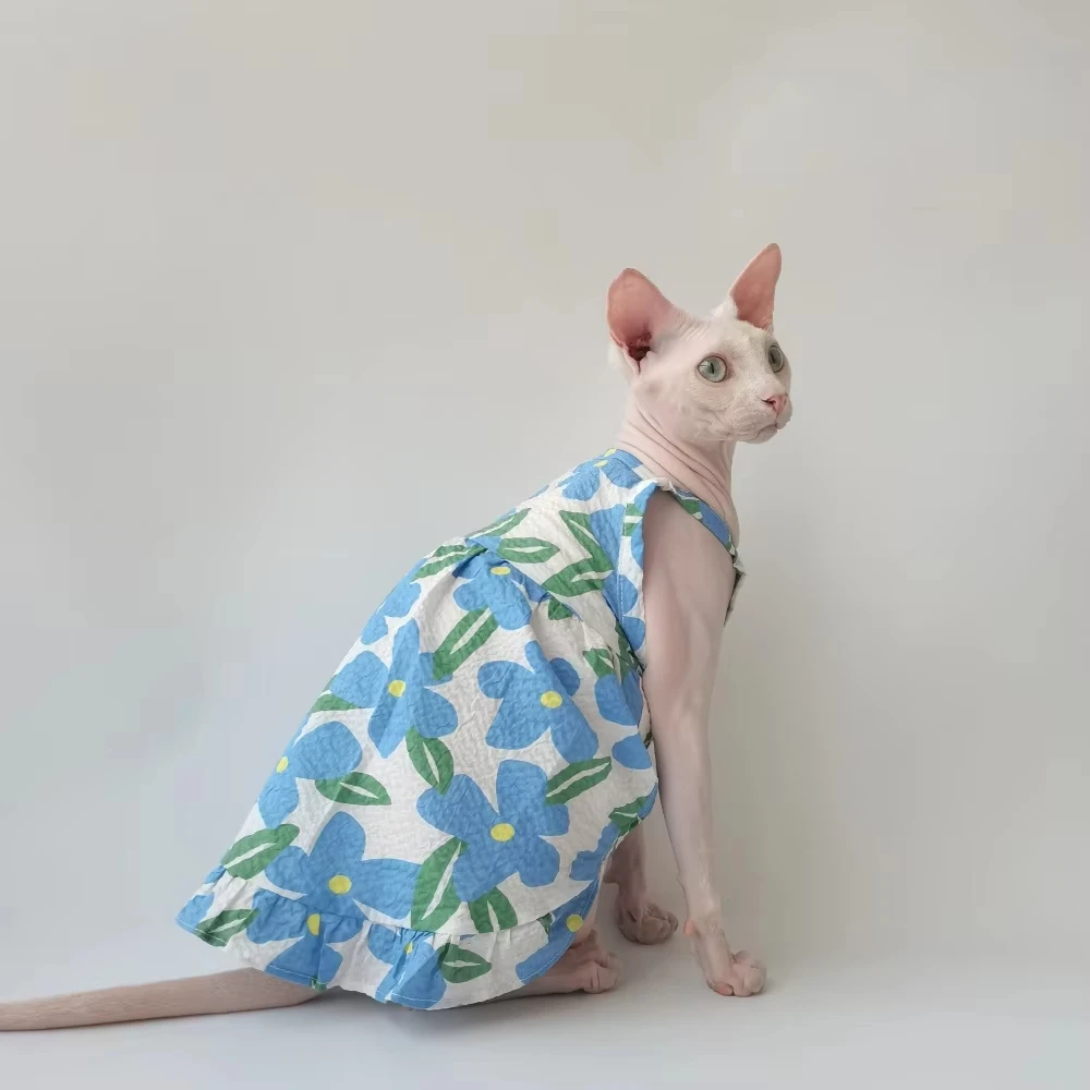

Sphynx & Hairless Cat Summer Floral Dress - Cotton Floral Skirt for Kittens, Breathable Soft Camisole with Orange Blue Design