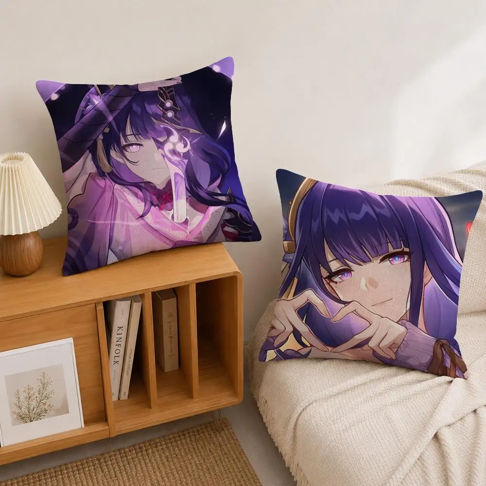 Game Genshin Impact Raiden Shogun Cushion Cover Natural Linen Pillowcase Set, All-in-One Decor for Sofa, Bedroom & Chair