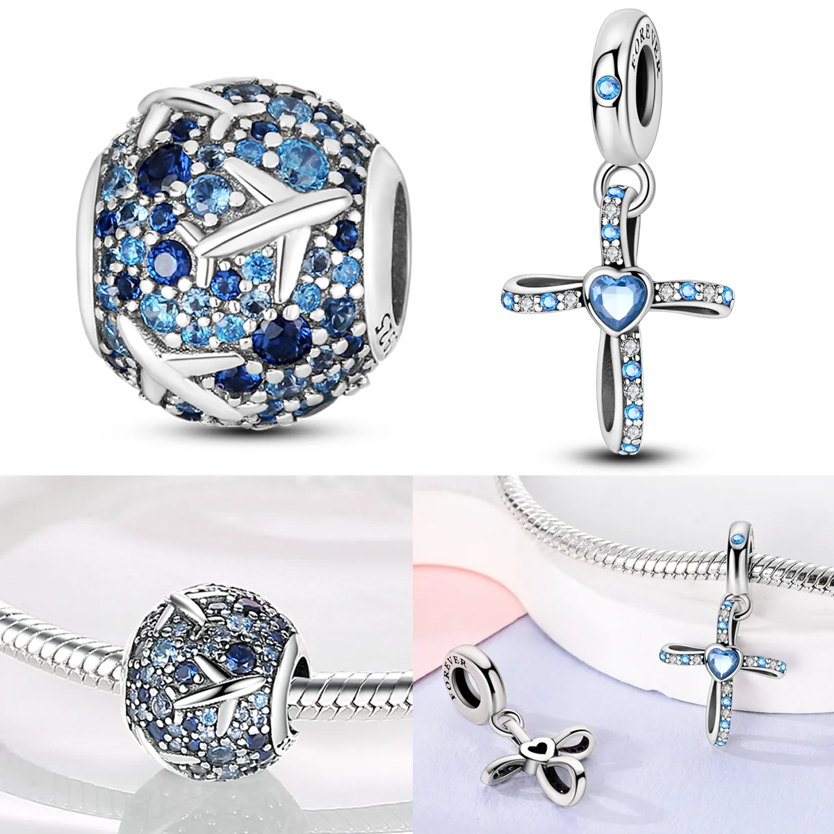 

925 Sterling Silver Pavé Airplane Charms Bead CZ Zircon Sea Blue Heart Cross Dangle Fit Original Bracelet DIY Women Jewelry Gift
