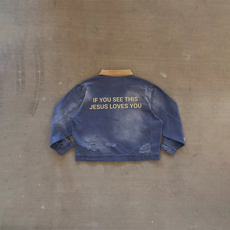 Y2K 빈티지 디스트레스드 재킷 레터 프린팅 그래픽 찢어진 디자인 대비 칼라 지퍼 재킷 남녀 패션 스트리트웨어