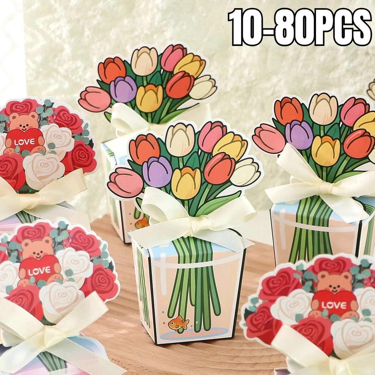 10-80PCS Creative Tulip Flower Gift Box with White Bow Black Rim Wedding Favor Candy Holder for Mother Day Valentine Party