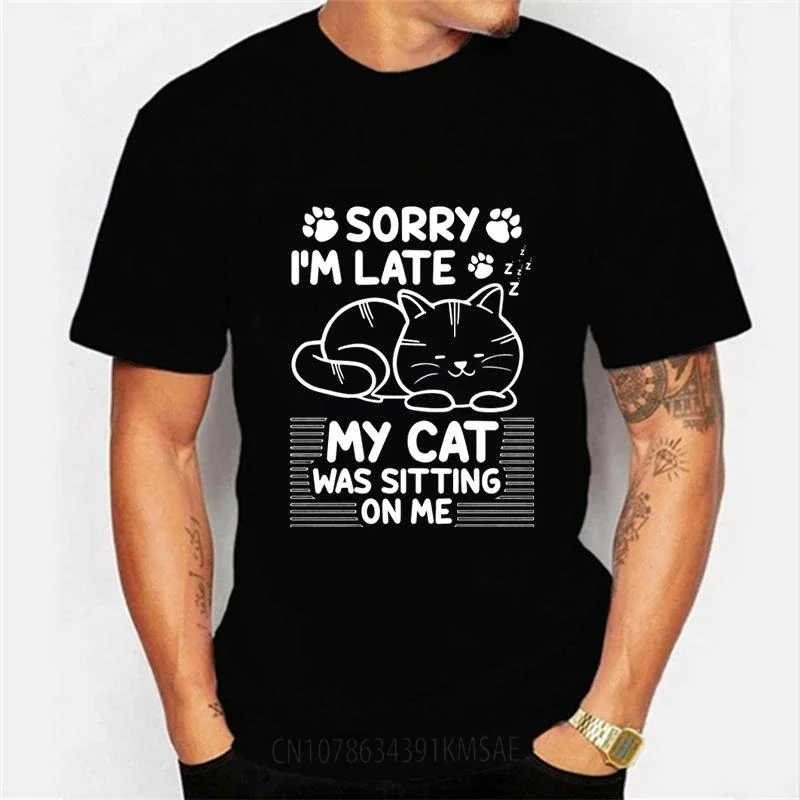 Men's T-shirt Sorry I'm Late My Cat Was Sitting on Me Kawaii T Shirt Women Tshirt Luminous Kitten Graphic Shirts Harajuku Shirts