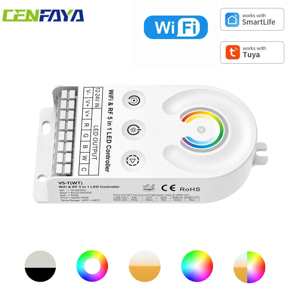 

CENFAYA WiFi контроллер для светодиодных лент 5-в-1 (DC12-24V, RGBCCT, RGBW, RGB, CCT, WWCW) с диммером, работает с Tuya Smart Life App и Alexa